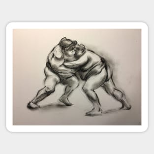 Sumo #1 - Sumo wrestlers charcoal drawing on paper Sticker